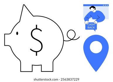 Piggy bank with a dollar sign, a man holding a cashback message, and a blue location marker. Ideal for financial planning, savings, cashback offers, customer rewards, and business location