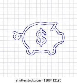 Piggy bank with dollar symbol. Business icon. Hand drawn picture on paper sheet. Blue ink, outline sketch style. Doodle on checkered background