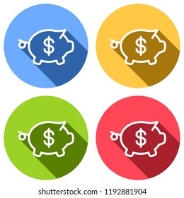 Piggy bank with dollar symbol. Business icon. Set of white icons with long shadow on blue, orange, green and red colored circles. Sticker style