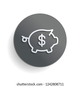 Piggy bank with dollar symbol. Business icon. White paper symbol on gray round button or badge with shadow