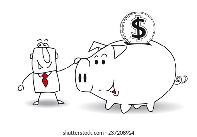 Piggy bank and dollar. This business man saves money in his Piggy bank . It's a metaphor. It's a good plan for the future