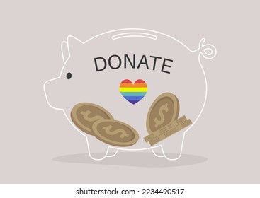 Un banco de cerdos con un cartel de donación y una etiqueta LGBTQ de arcoiris, una recaudación de fondos de la comunidad