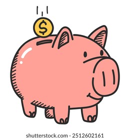 Piggy bank doodle ícone vetor isolado. Porco engraçado e bonito, poupança de vida. Moedas caindo no cofrinho. Conceito de investimento e economia financeira.