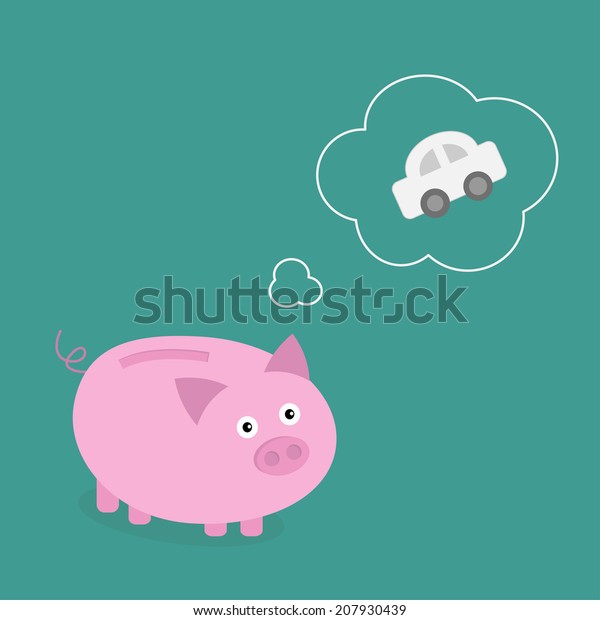 Piggy bank dream about the car. Think bubble\
contour. Flat design. Vector\
illustration