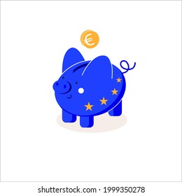 Piggy bank with euro coin. Savings or savings icon, investment. Piggy bank icon on isolated background. The concept of banking or business services. Volumetric image, isometric style