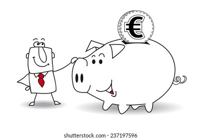 Piggy bank and euro. This business man saves money in his Piggy bank . It's a metaphor. It's a good plan for the future