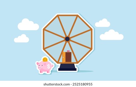 Um mealheiro sai de uma roda-gigante, ilustrando o investimento fora do negócio da empresa para economizar riqueza ou ativos