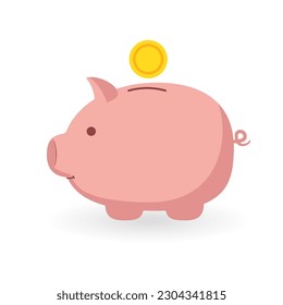 Piggy bank with falling coin. Concept of money saving or accumulation, investment and personal finance depositing. Isolated vector illustration of pink pig and golden coin in flat style