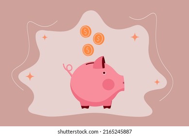 Piggy bank with falling coin inside the slot. Outline piggy bank symbol. Money savings, budget planning, bank deposit, investment, finance planning concept. Pink pleased and glad pig. Vector