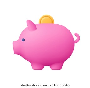 Hucha con la moneda que cae. Ahorro de dinero, banca, finanzas, economía, concepto de inversión. Icono de Vector 3D. Estilo minimalista de dibujos animados.