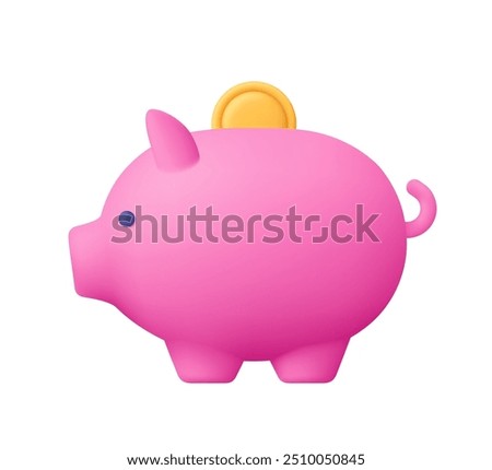 Piggy bank with falling coin. Money saving, banking, finance, economy, investment concept. 3d vector icon. Cartoon minimal style.
