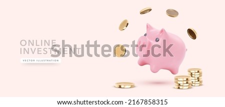 Piggy bank with falling coins in 3d realistic style. Vector illustration