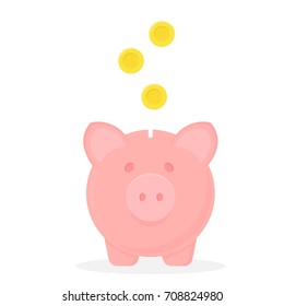 Piggy bank with falling coins. Vector icon. Save money concept.