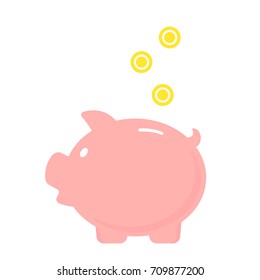 Piggy bank with falling coins. Vector icon. Save money concept.