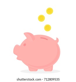 Piggy bank with falling coins. Vector icon. Save money concept.