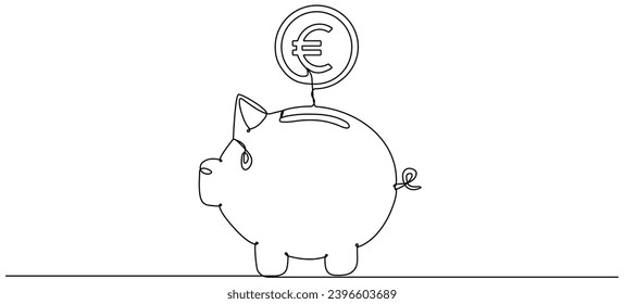 Piggy bank with falling euro coin continuous one line drawing. Saving money concept. Investment symbol. Vector hand drawn illustration isolated on white.