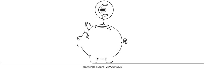 Piggy bank with falling euro coin continuous one line drawing. Saving money concept. Investment symbol. Vector hand drawn illustration isolated on white.