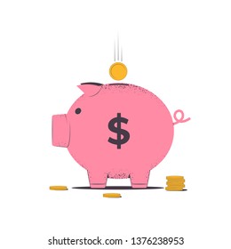 Piggy Bank with a falling gold coin. Save money. Vector illustration
