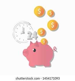 Piggy Bank with a falling gold coin.All day cyclic icon. Flat vector illustration