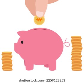 Piggy bank with falling gold coins on white background
