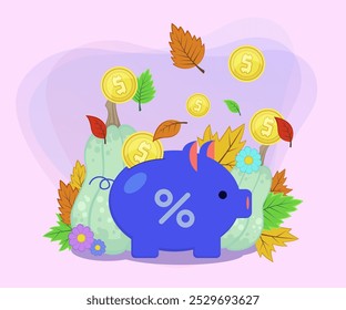 Piggy bank with falling gold coins and autumn leaves vector illustration. Flowers and pumpkins on abstract background. Savings, autumn, finance, promotion concept. Can be used for banner design