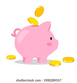 Piggy bank. Falling golden dollars. The concept of investment, savings, and banking. Moneybox with money. Vector illustration on white background.