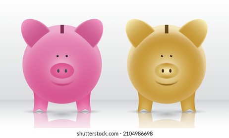Piggy bank with falling USD coin. Pink piggy bank and Gold piggy bank front view on background