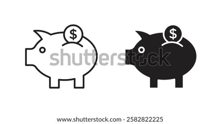 Piggy bank filled and outlined icons vectors on white background