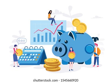 Piggy Bank, Financial Administration, Vector illustration.for web banner, infographics, mobile website. Calculating Payment, Salary or Taxes. Financial Administration