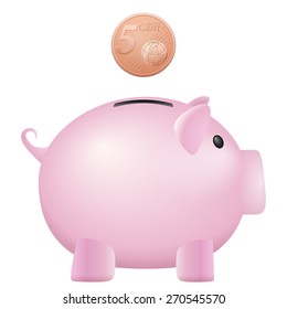 Piggy bank five euro cent on a white background.