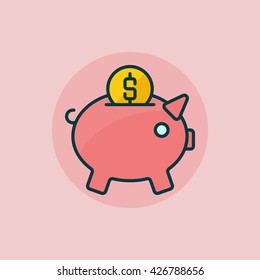 Piggy bank flat icon - vector colorful pig moneybox sign. Pig with coin symbol or logo element on pink background