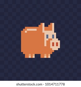 Piggy bank flat style vector isolated illustration, pig pixel art character pork icon. Design elements for logo farm, sticker, children mobile application. Game assets. 
