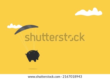 Piggy Bank Floating Down with black Parachute. financial saving.