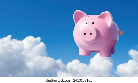 Piggy bank flying in blue sky	