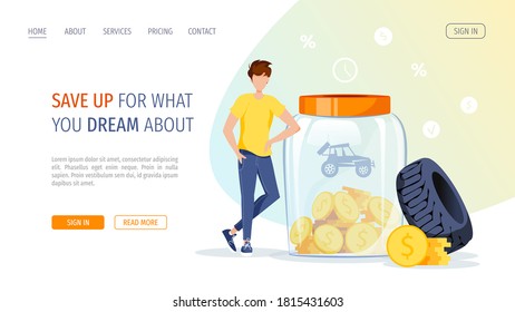 Piggy Bank In The Form Of A Jar With Coins Inside And Man Saving Money For A Car. Money Saving Or Accumulating, Financial Services, Deposit Concept. Vector Illustration For Banner, Poster, Website.