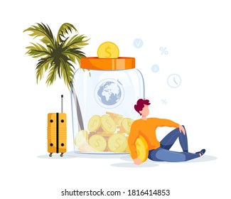 Piggy bank in the form of a jar with coins inside and man saving money for a travel. Money saving or accumulating, Financial services, deposit concept. Isolated vector illustration.