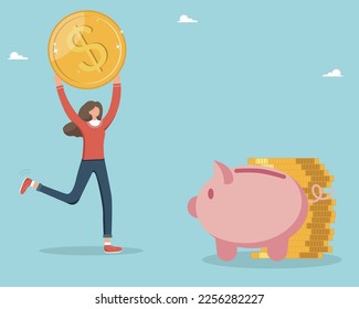 Piggy bank in the form of a pig, a woman runs with a coin in his hands to the piggy bank. Saving or accumulating money, financial services, investment, bank deposit.