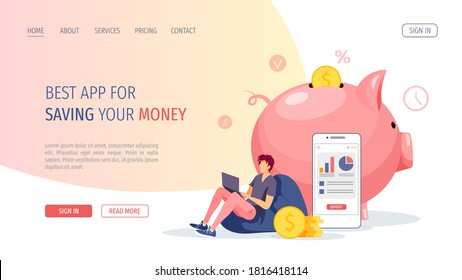 Piggy bank in the form of a piglet, phone, coins and working man. Money saving or accumulating, Financial services, Mobile app, Internet banking concept. Vector illustration for banner, website.