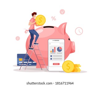 Piggy bank in the form of a piglet, phone and man with coin on the stairs. Money saving or accumulating, Financial services, Mobile app, Internet banking concept. Isolated vector illustration.