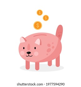 Piggy bank in the form of a pink cat and a coins. Keeping money. Save money. Vector flat illustration.
