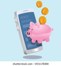 piggy bank in front of mobile banking smartphone screen. mobile banking system vector illustration. 3d, three dimentional drawing cartoon style toy like illustration