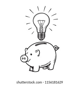 Piggy bank and glowing light bulb symbol of Inspiration. Invest in creativity and innovation. Saving creative ideas concept. Hand drawn vector illustration isolated on white background.