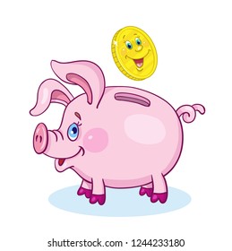 Piggy bank and gold coin. In cartoon style on a white background. Vector illustration.