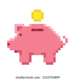 Piggy bank and gold coin. Pixel art. Retro game style. Vector illustration.
