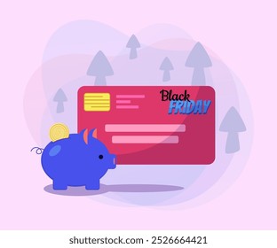 Piggy bank with gold coin vector illustration. Credit card with Black Friday lettering. Savings, money, banking, finance, income increase concept. Can be used for poster or banner design