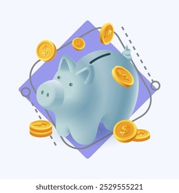 Piggy bank with gold coins 3d cartoon style icon. Saving, investing or accumulating money flat vector illustration. Income, finance, banking, wealth, currency concept