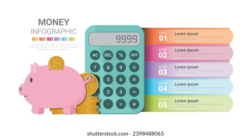 Piggy bank with gold coins and calculator Infographics with 4 labels, Keep and accumulate cash savings. Financial services. Can be used for workflow layout, diagram, business step options, banner. 
