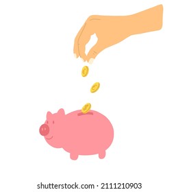 Piggy bank with gold coins in cartoon style. Vector illustration of money saving, economy, investment, banking concept. Profit, income, earnings, budget fund