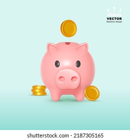 Piggy bank and gold coins. Concept of safe accumulation of capital or financial investment. Realistic vector 3d illustration. Website Landing. Stability, security of money storage.