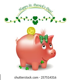 Piggy bank with gold coins, green leprechaun hat